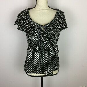 Max Studio Blouse Top Sz M Womans Black White Polka Dot Ruffle Trim Short Sleeve